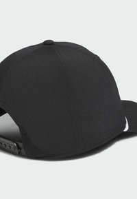 Black baseball cap with a rounded crown, smooth texture, adjustable strap at the back, and a small logo on the side.