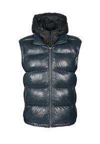 Mørkeblå læder puffer vest med et quiltet design og aftagelig sort hætte. Har en lynlås foran og sidelommer med lynlås.