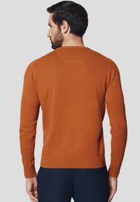 Męski pomarańczowy sweter z długimi rękawami, ściągacze przy mankietach i u dołu, miękka tekstura, okrągły dekolt, gładka tkanina, widok z tyłu.
