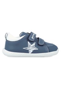 Blue leather shoes with a white star design, featuring double Velcro straps and a textured white sole with dotted detailing.