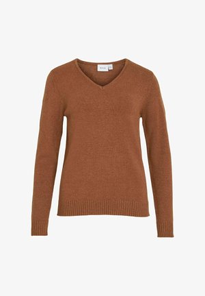 Brauner gestrickter Pullover mit V-Ausschnitt, langen Ärmeln und geripptem Saum. Der Stoff hat eine weiche Textur und ist für lässige Outfits geeignet.