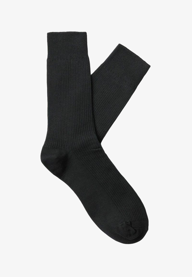 Paire de chaussettes noires unies mi-mollet avec texture côtelée, disposées à plat et superposées sur un fond blanc.