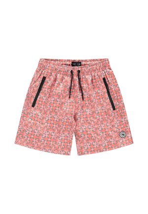 Zwemshorts van een roze stof met patroon, voorzien van zwarte ritsen, een elastische tailleband met trekkoord en een ronde logopatch.