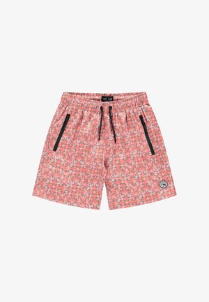 Zwemshorts van een roze stof met patroon, voorzien van zwarte ritsen, een elastische tailleband met trekkoord en een ronde logopatch.