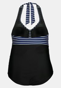Černé plavky s designem za krk a námořnickými pruhy. Obsahují tvarované košíčky a síťovinu na zadní straně. Hladká textura.