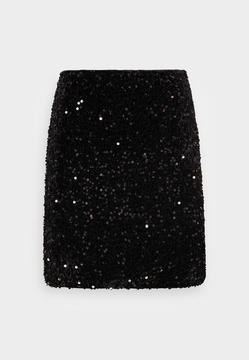 Mini-jupe noire recouverte de petits sequins brillants, avec une coupe droite et une surface légèrement texturée.