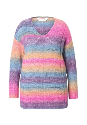 Gebreide trui met een V-hals, een kleurrijk verlooppatroon in tinten roze, paars en blauw, en hartvormige uitsnijdingen.