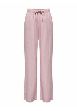 Pantalon rose clair à cordon avec taille élastique, jambes droites et coupe décontractée, présenté sur fond blanc.