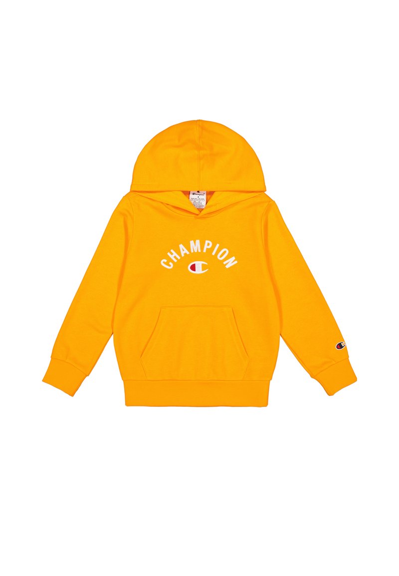 Felpa gialla con cappuccio realizzata in misto cotone, dotata di tasca a canguro, polsini a costine e logo "Champion" stampato in bianco sul davanti.