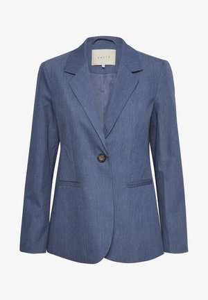 Blue denim blazer with notched lapels, a single button closure, and two front pockets. Smooth texture and tailored fit design.