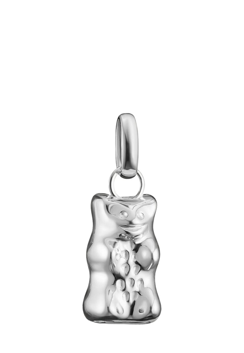 Zilveren gummibeer bedeltje met een glanzende afwerking, voorzien van ronde vormen, bolle details en een lus voor bevestiging.