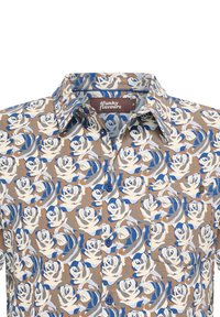 Korte mouw shirt in een bruin en blauw bloemetjespatroon, met een button-down kraag, een borstzak en contrasterende blauwe knopen.