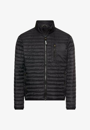 Zwarte, lichtgewicht, doorgestikte jas met hoge kraag, volledige ritssluiting aan de voorkant en met ritsen afsluitbare zakken op de borst en zijkanten.