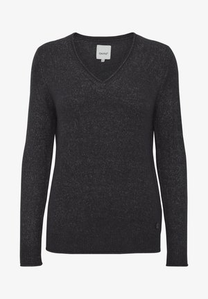 Pull noir à col en V avec manches longues, fabriqué en tissu tricoté texturé. Présente un petit logo sur le côté inférieur gauche.