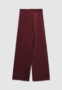 Bordeauxrote Hosen mit weitem Bein aus weichem Stoff, der ein dezentes geometrisches Muster aufweist. Elastischer Bund, zwei Seitentaschen und lockere Passform.