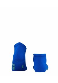 Calcetines tobilleros azules hechos de un material suave y elástico, con un puño acanalado y una marca verde neón en el costado. Se muestran dos longitudes de calcetines.