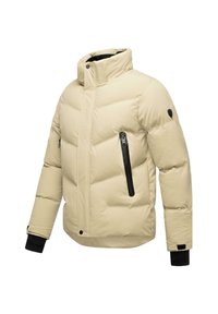 Giacca imbottita di colore crema con colletto alto, zip frontale e due tasche con zip nere. Presenta polsini a coste e un design elegante.