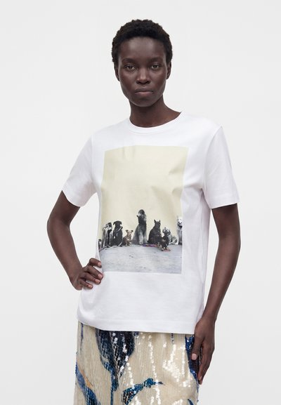 Femme portant un t-shirt blanc avec une impression graphique de différentes races de chiens assis en rangée sur un fond clair.