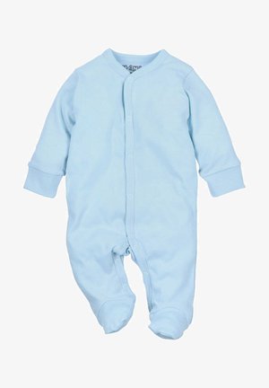 Helles blaues Baby-Overall aus weichem Baumwollstoff. Er verfügt über einen Druckknopfverschluss vorne, lange Ärmel und geschlossene Füße für Wärme.