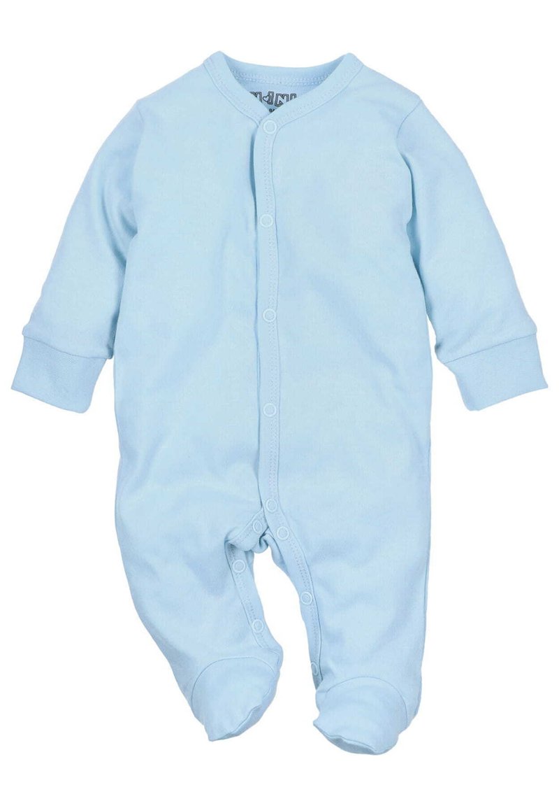 Helles blaues Baby-Overall aus weichem Baumwollstoff. Er verfügt über einen Druckknopfverschluss vorne, lange Ärmel und geschlossene Füße für Wärme.