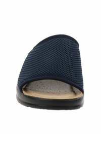 Infradito in rete blu con forma arrotondata, soletta imbottita beige e suola in gomma nera; presenta un design ampio e aperto per una buona traspirabilità.