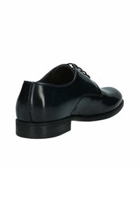 Scarpa lace-up in pelle nera con finitura liscia, punta arrotondata e suola in gomma bassa. Presenta cuciture tono su tono e un design elegante.