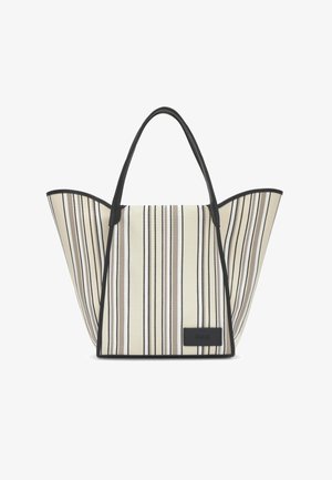 Borsa tote in tessuto a righe con manici e rifiniture in pelle nera, con una toppa logo rettangolare nera nella parte bassa anteriore.