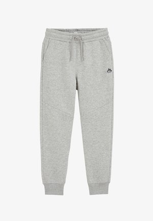 Pantalones deportivos grises hechos de una suave mezcla de algodón; cuentan con una cintura elástica con cordón, bolsillos laterales y un pequeño logo bordado.