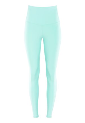 Light mint green leggings with a high waistband, made of smooth, stretchy fabric, featuring a fitted silhouette and no visible seams.