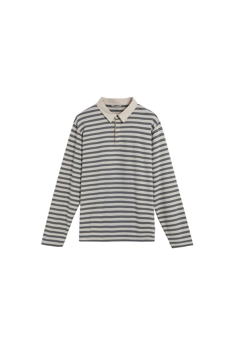 Polo de manga larga en color crema con rayas horizontales en azul marino, que presenta un cuello clásico y una tapeta de dos botones. Material de algodón suave.