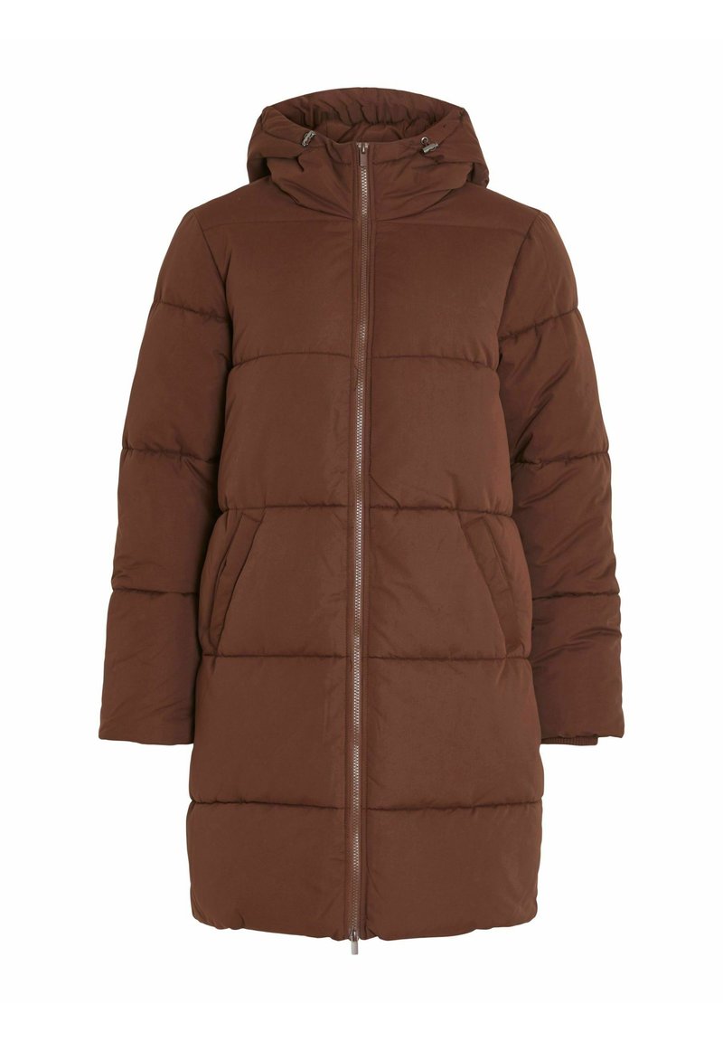 Braune Daunenjacke mit Kapuze, Reißverschluss vorne und seitlichen Taschen, mit einem gesteppten Design und glatter Textur. Die Länge reicht bis zur Mitte des Oberschenkels.