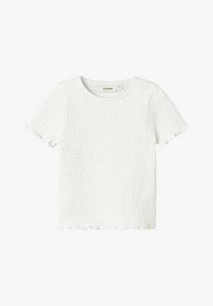 Top bianco a maniche corte con design smock texturizzato. Presenta un colletto rotondo e bordi arricciati sulle maniche e sull'orlo.