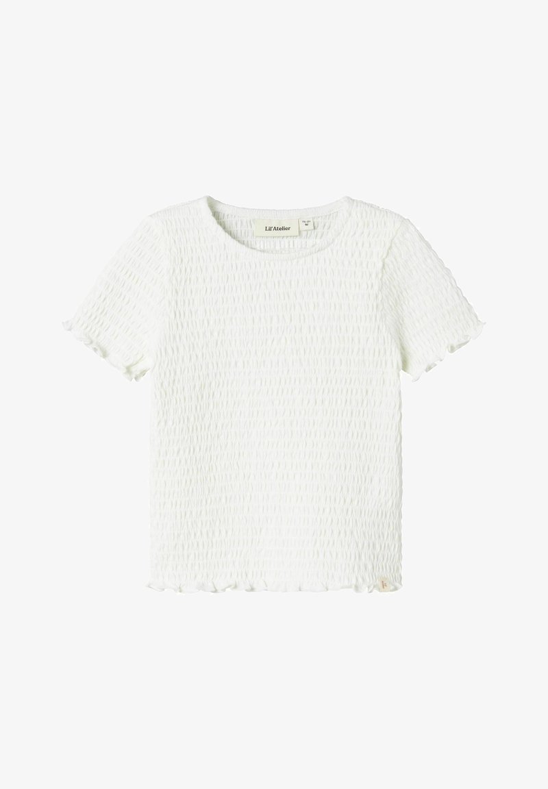 Balta, trumpų rankovių palaidinė su tekstūruota, susiraukšlėjusia danga. Yra apvalus iškirpimas ir volanginės kraštinės rankovėse bei apačioje.