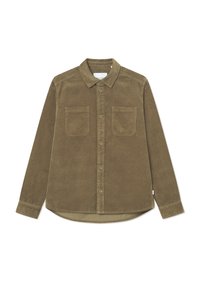 Braunes Kordhemd mit einem Button-Down-Kragen, zwei Brusttaschen und langen Ärmeln, mit einem leicht abgerundeten Saum und strukturiertem Stoff.