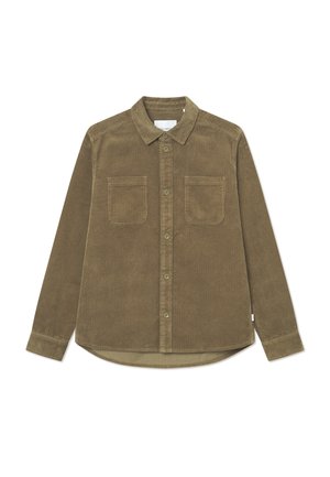 Brown corduroy shirt with a button-down collar, two chest pockets, and long sleeves, featuring a slightly curved hem and textured fabric.