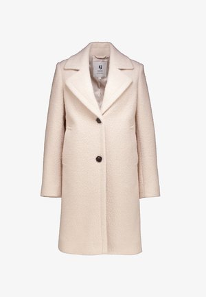 Cream-colored coat with a textured outer fabric, notched collar, and two front pockets. Fastened with three dark buttons.