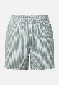 Shorts décontractés à rayures verticales vertes et blanches avec une taille élastique et un cordon blanc à l'avant.