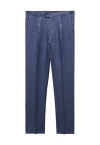 Pantaloni scuri blu su misura realizzati in tessuto testurizzato, con vita piatta, due tasche frontali, due tasche posteriori e chiusura a bottone.