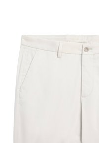 Weiße Baumwollhose mit Knopfverschluss, Gürtelschlaufen und Seitentaschen. Glatte Textur mit einem klassischen geraden Schnitt.