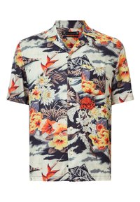 Camicia a maniche corte in tessuto leggero con stampa floreale e tropicale multicolore, tasca sul petto e chiusura con bottoni.