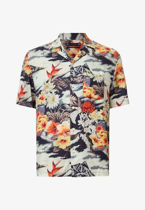 Košilové tričko s krátkým rukávem z lehké látky, zdobené vícebarevným květinovým a tropickým potiskem, s náprsní kapsou a zapínáním na knoflíky.