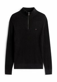 Schwarzer gerippter Strickpullover mit hohem Kragen und Halbreißverschluss. Verfügt über ein kleines Logo auf der Brust. Lange Ärmel mit gerippten Bündchen.