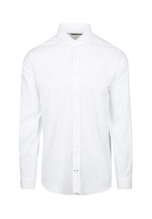 Weißes Langarmhemd aus Baumwolle. Verfügt über einen Button-down-Kragen, eine Knopfleiste mit gelben Knöpfen und normale Manschetten. Keine Muster vorhanden.