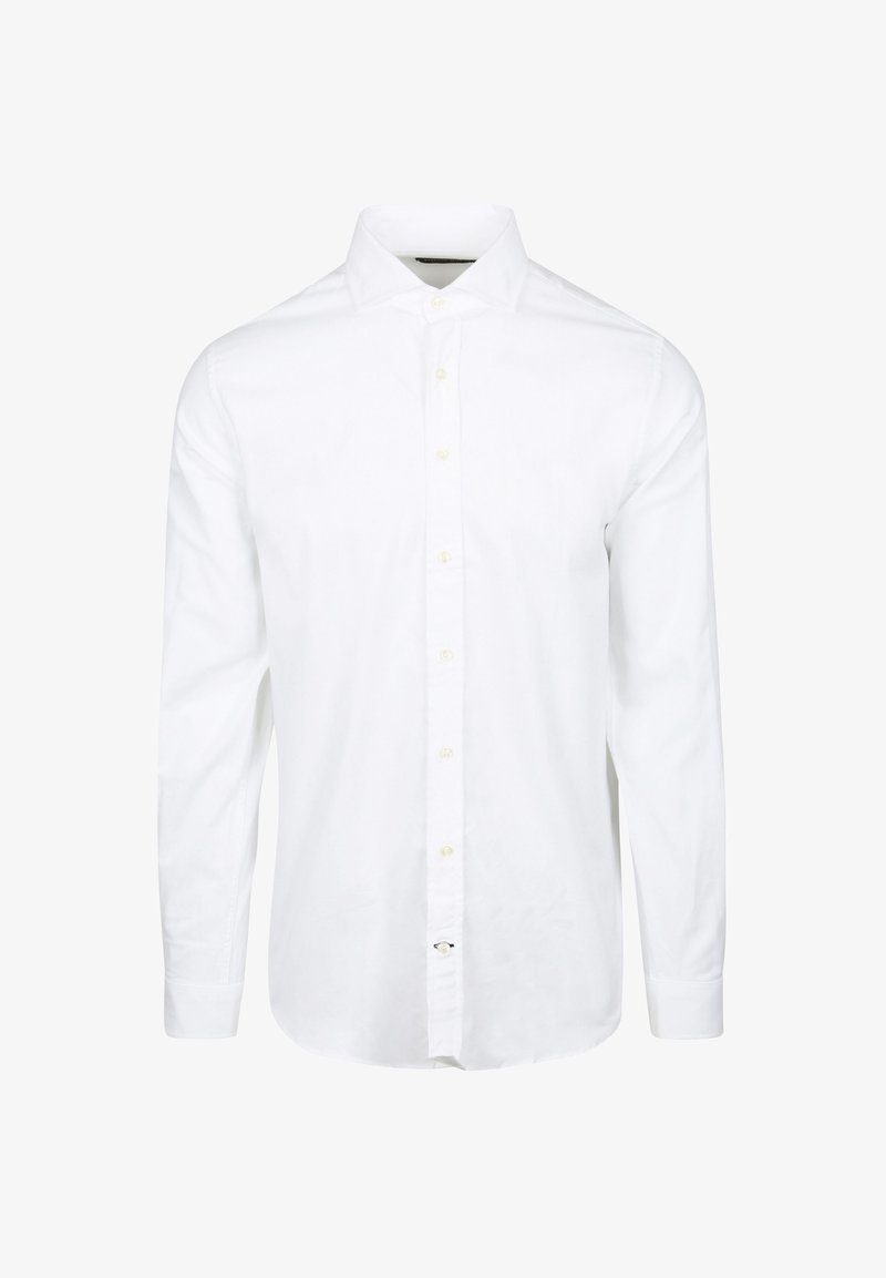 Witte lange mouwen shirt van katoen. Beschikt over een button-down kraag, een voorste placket met gele knopen en standaardmanchetten. Geen patronen aanwezig.