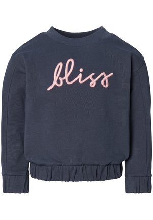 Sweatshirt bleu marine avec des poignets et un ourlet côtelés, arborant le texte brodé en rose "bliss" sur le devant. Tissu doux avec une coupe décontractée.