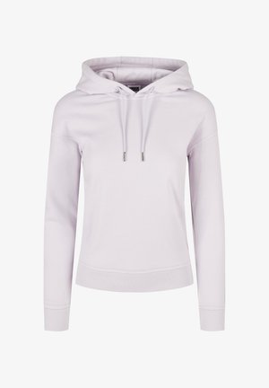 Világoslila kapucnis pulóver, elülső kenguruzsebbel, húzózsinóros kapucnival, bordázott mandzsettával és szegéllyel. Puha, texturált anyagból készült.