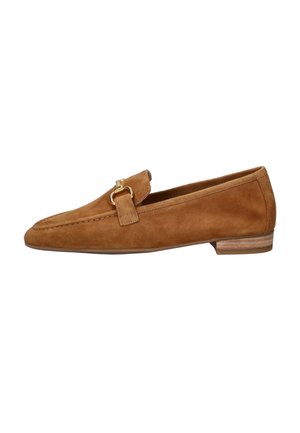 Brown suede loafer with a low wooden heel and gold metal buckle detail on the top, side view on a white background.
