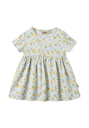 Kortermet babykjole med plisseret skjørt i lyseblått, mønstret med gule sitroner og grønne blader.