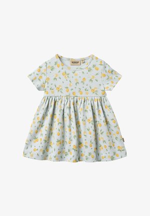 Short-sleeve baby dress with gathered skirt in light blue, patterned with yellow lemons and green leaves.