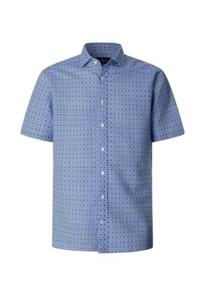 Short-sleeve blue button-up shirt with white diamond pattern and collar, displayed on a white background.